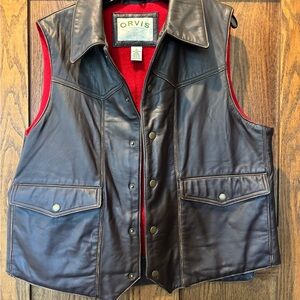 RARE vintage Orvis leather vest with red wool lining.